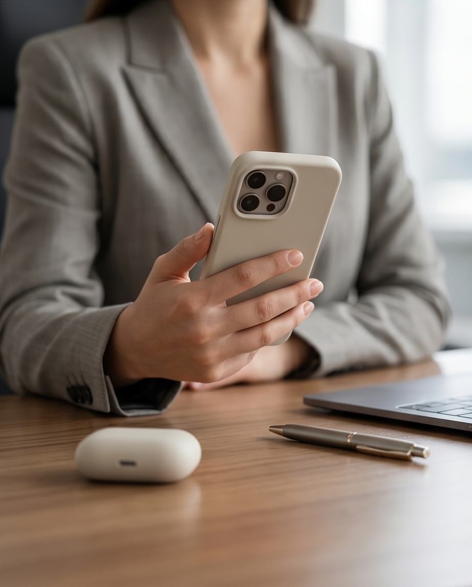 Kvinna på kontor med iPhone och AirPods 4 silikonskal från KAYSLY