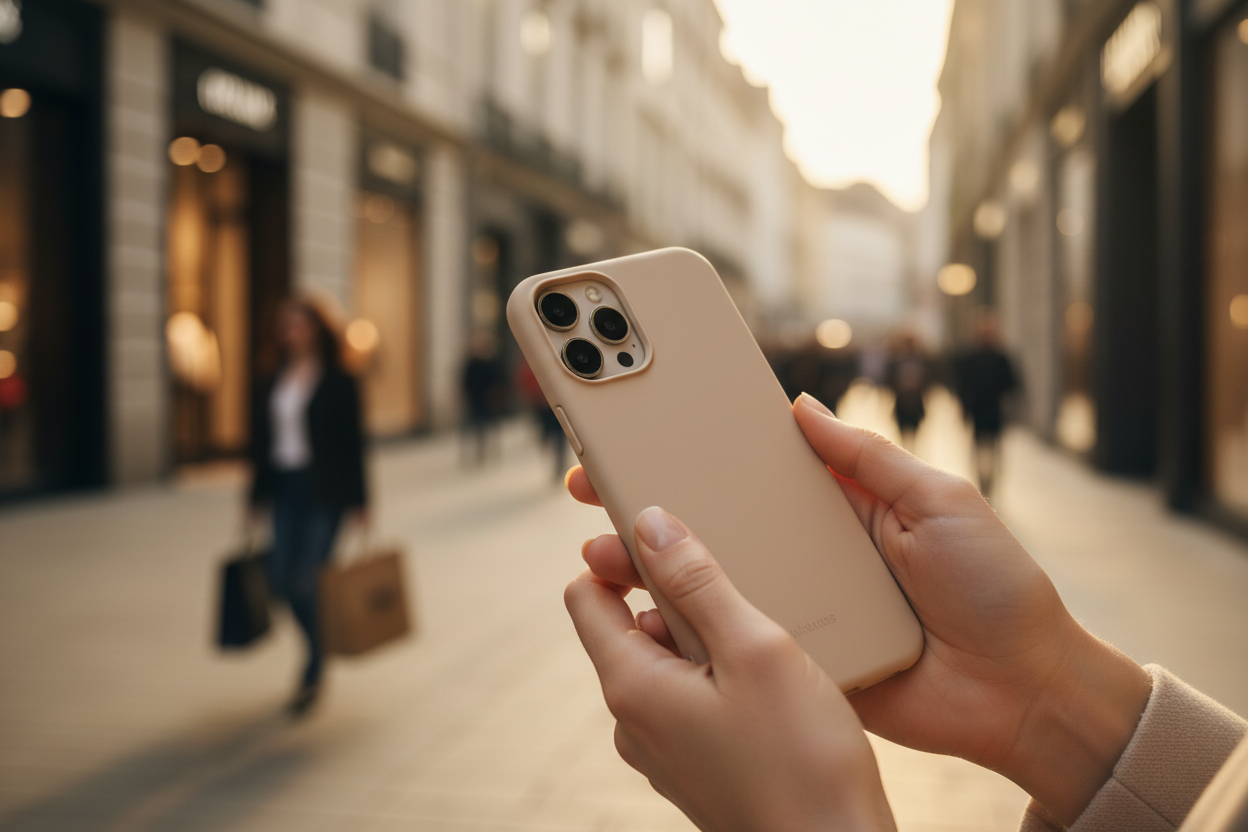 Hand som håller en iPhone med KAYSLY silikonskal – urban stadsmiljö i bakgrunden